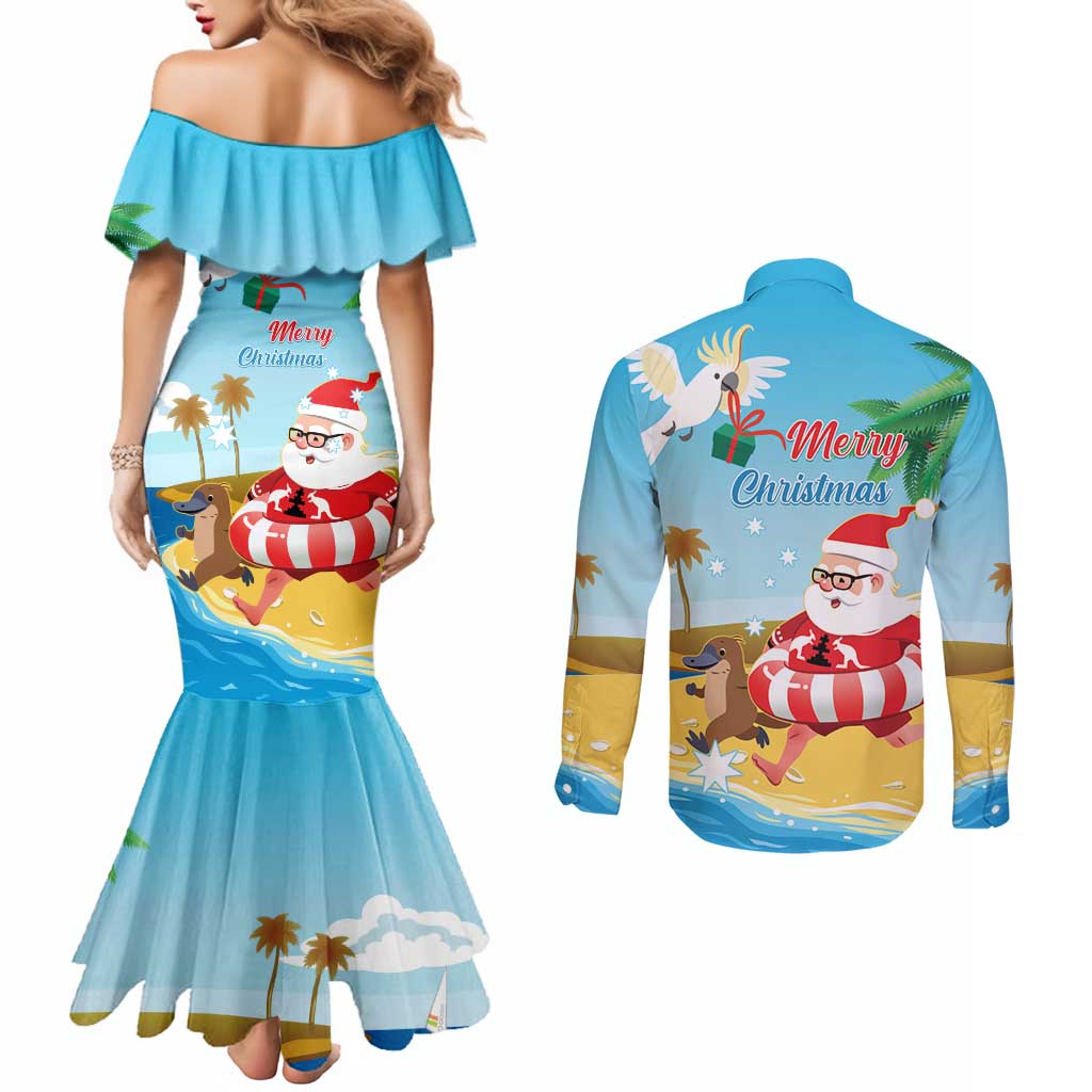 Australia Christmas In July Couples Matching Mermaid Dress and Long Sleeve Button Shirt Happy Santa Claus With Aussie Animals