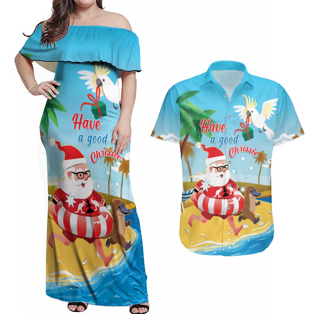 Australia Christmas In July Couples Matching Off Shoulder Maxi Dress and Hawaiian Shirt Happy Santa Claus With Aussie Animals