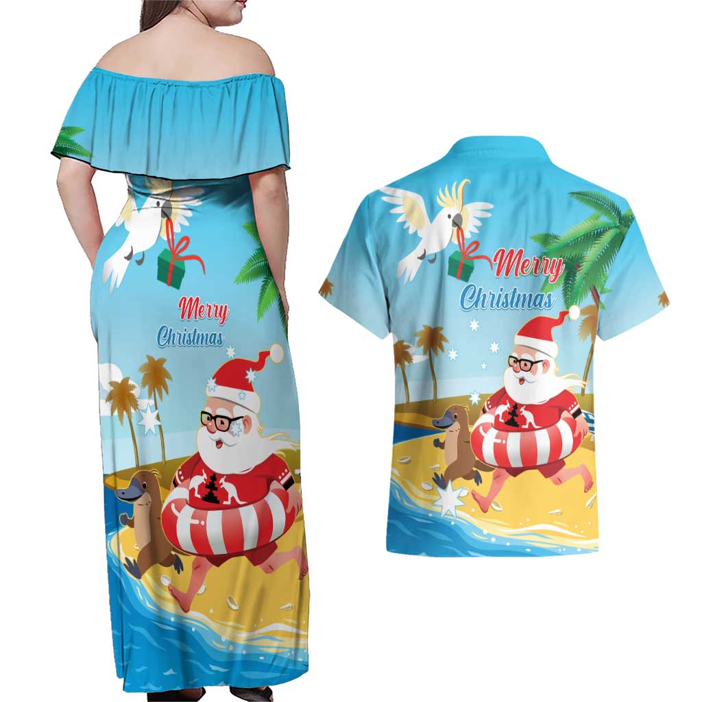 Australia Christmas In July Couples Matching Off Shoulder Maxi Dress and Hawaiian Shirt Happy Santa Claus With Aussie Animals