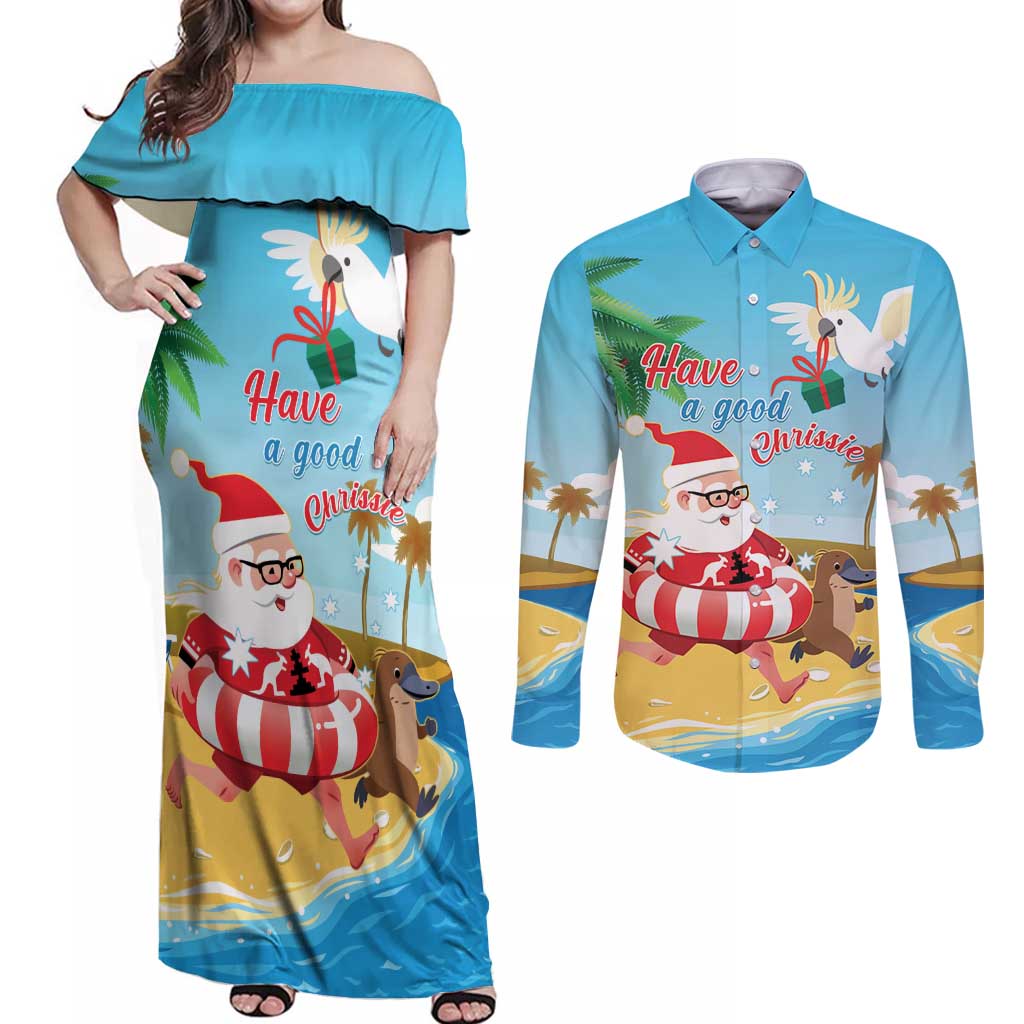 Australia Christmas In July Couples Matching Off Shoulder Maxi Dress and Long Sleeve Button Shirt Happy Santa Claus With Aussie Animals