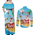 Australia Christmas In July Couples Matching Off Shoulder Maxi Dress and Long Sleeve Button Shirt Happy Santa Claus With Aussie Animals