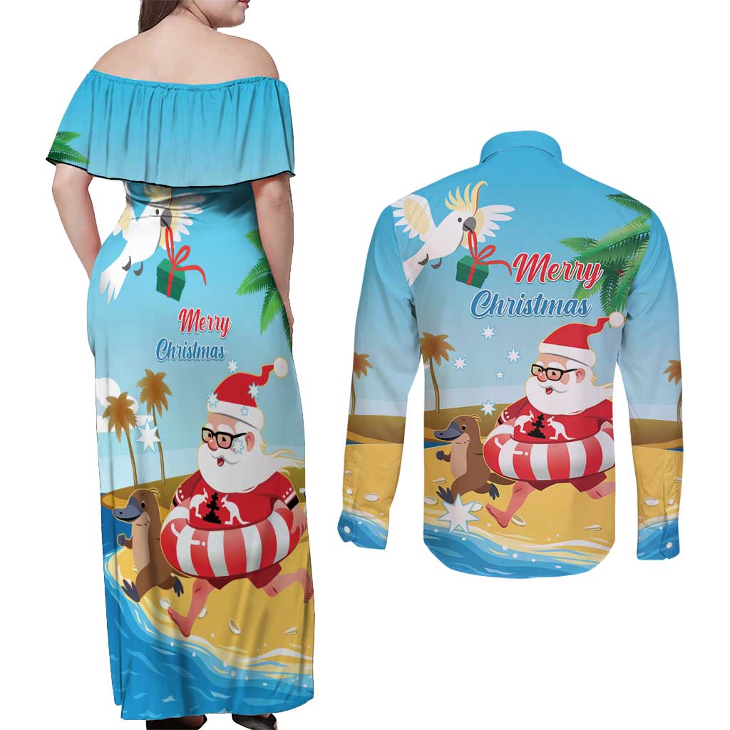 Australia Christmas In July Couples Matching Off Shoulder Maxi Dress and Long Sleeve Button Shirt Happy Santa Claus With Aussie Animals