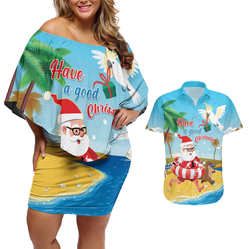 Australia Christmas In July Couples Matching Off Shoulder Short Dress and Hawaiian Shirt Happy Santa Claus With Aussie Animals