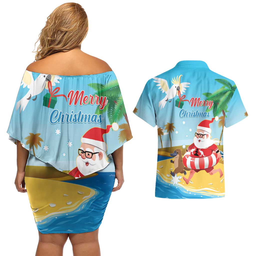 Australia Christmas In July Couples Matching Off Shoulder Short Dress and Hawaiian Shirt Happy Santa Claus With Aussie Animals