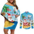 Australia Christmas In July Couples Matching Off Shoulder Short Dress and Long Sleeve Button Shirt Happy Santa Claus With Aussie Animals
