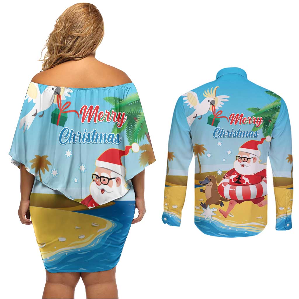 Australia Christmas In July Couples Matching Off Shoulder Short Dress and Long Sleeve Button Shirt Happy Santa Claus With Aussie Animals