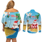 Australia Christmas In July Couples Matching Off Shoulder Short Dress and Long Sleeve Button Shirt Happy Santa Claus With Aussie Animals