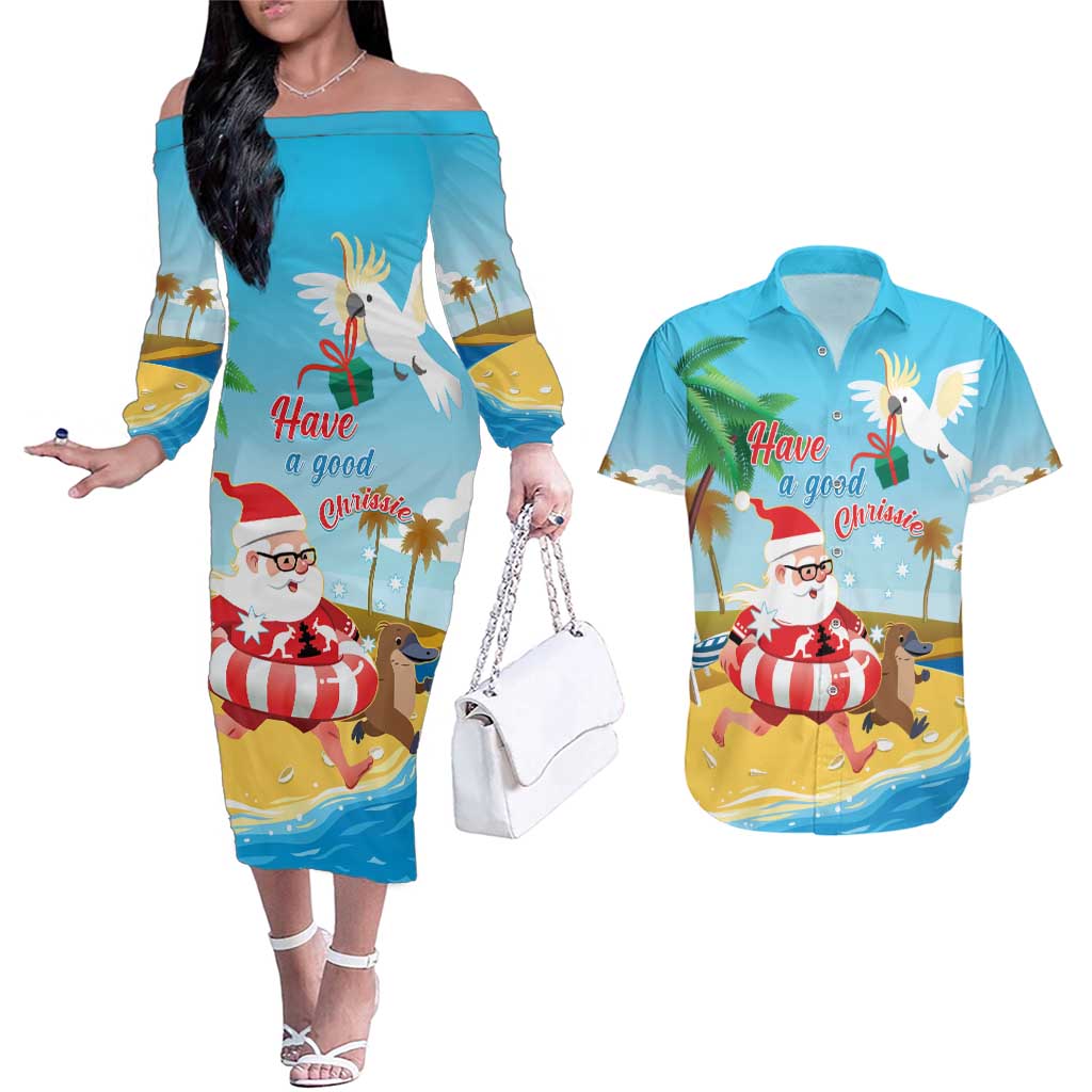 Australia Christmas In July Couples Matching Off The Shoulder Long Sleeve Dress and Hawaiian Shirt Happy Santa Claus With Aussie Animals