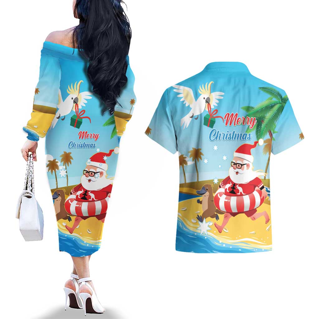 Australia Christmas In July Couples Matching Off The Shoulder Long Sleeve Dress and Hawaiian Shirt Happy Santa Claus With Aussie Animals