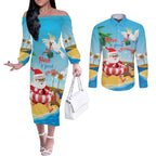 Australia Christmas In July Couples Matching Off The Shoulder Long Sleeve Dress and Long Sleeve Button Shirt Happy Santa Claus With Aussie Animals