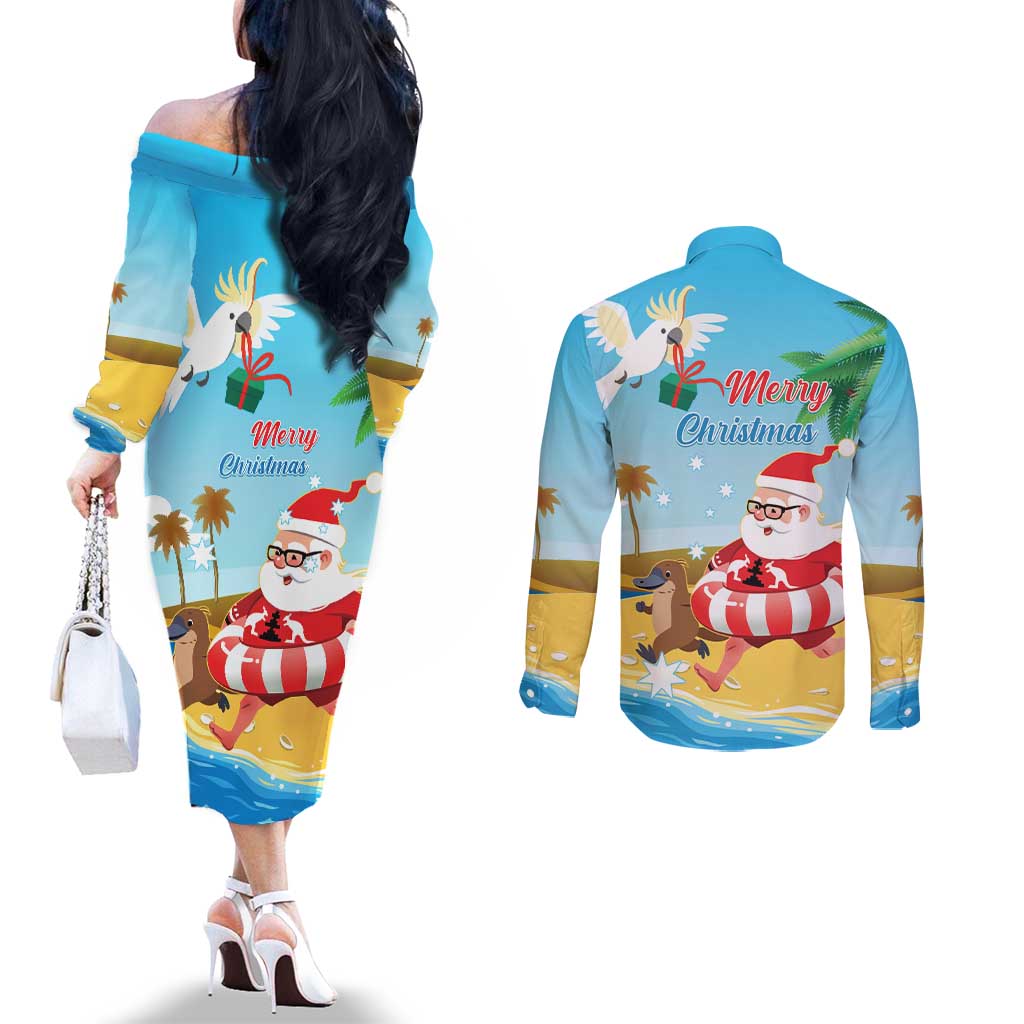 Australia Christmas In July Couples Matching Off The Shoulder Long Sleeve Dress and Long Sleeve Button Shirt Happy Santa Claus With Aussie Animals