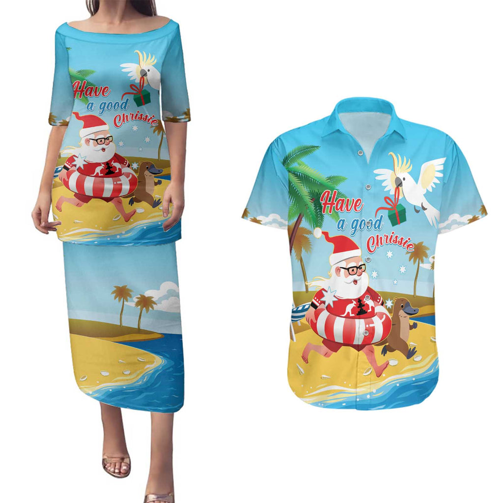Australia Christmas In July Couples Matching Puletasi and Hawaiian Shirt Happy Santa Claus With Aussie Animals