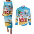 Australia Christmas In July Couples Matching Puletasi and Long Sleeve Button Shirt Happy Santa Claus With Aussie Animals