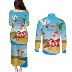 Australia Christmas In July Couples Matching Puletasi and Long Sleeve Button Shirt Happy Santa Claus With Aussie Animals