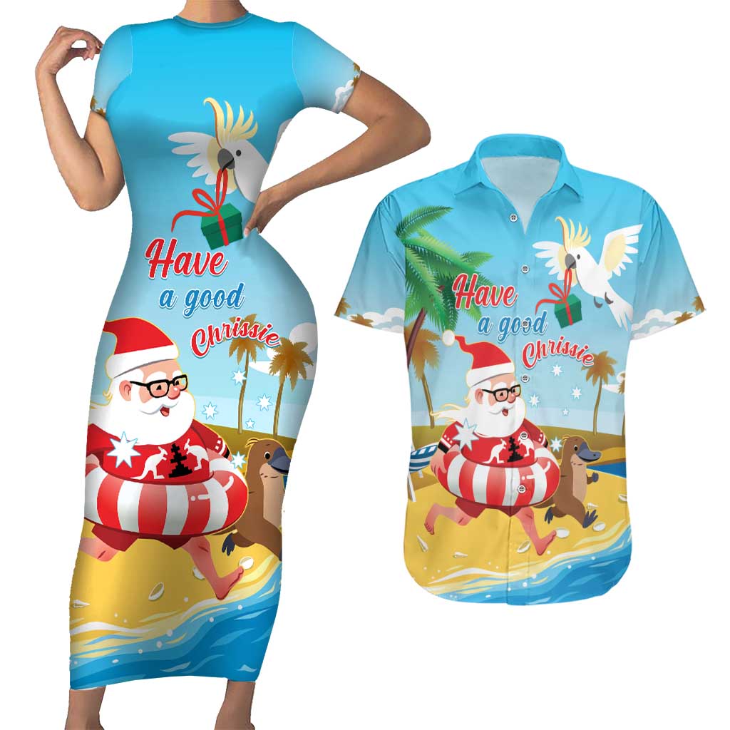 Australia Christmas In July Couples Matching Short Sleeve Bodycon Dress and Hawaiian Shirt Happy Santa Claus With Aussie Animals