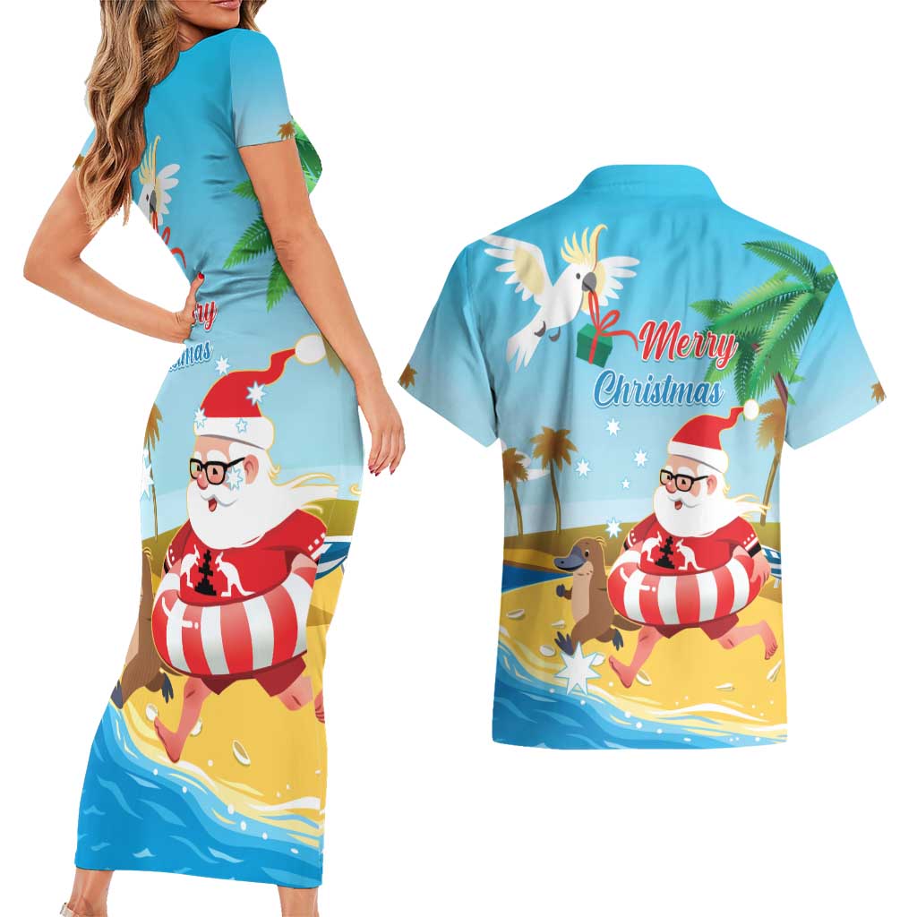 Australia Christmas In July Couples Matching Short Sleeve Bodycon Dress and Hawaiian Shirt Happy Santa Claus With Aussie Animals