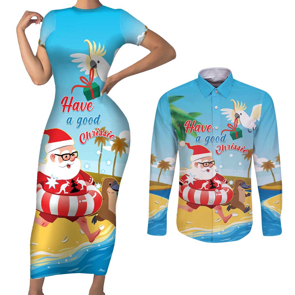 Australia Christmas In July Couples Matching Short Sleeve Bodycon Dress and Long Sleeve Button Shirt Happy Santa Claus With Aussie Animals