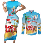Australia Christmas In July Couples Matching Short Sleeve Bodycon Dress and Long Sleeve Button Shirt Happy Santa Claus With Aussie Animals