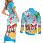 Australia Christmas In July Couples Matching Short Sleeve Bodycon Dress and Long Sleeve Button Shirt Happy Santa Claus With Aussie Animals