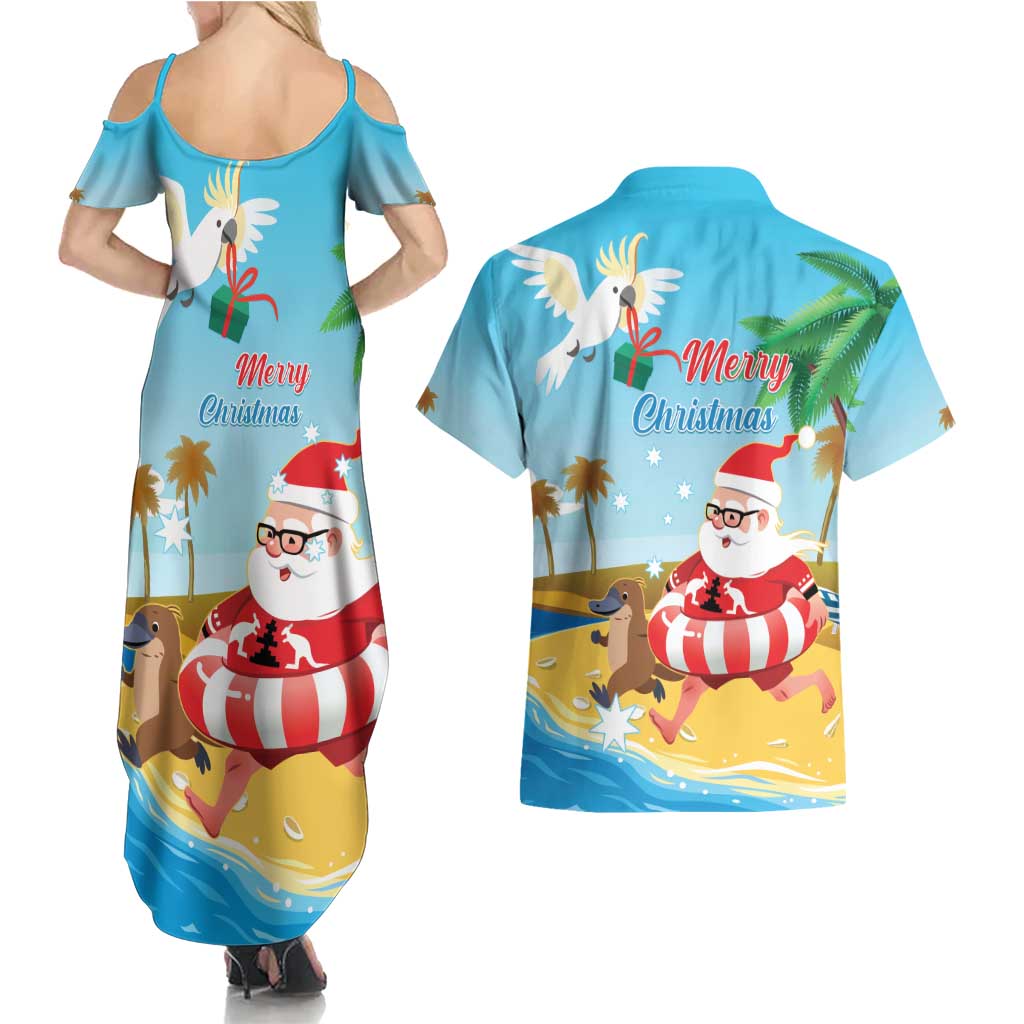 Australia Christmas In July Couples Matching Summer Maxi Dress and Hawaiian Shirt Happy Santa Claus With Aussie Animals