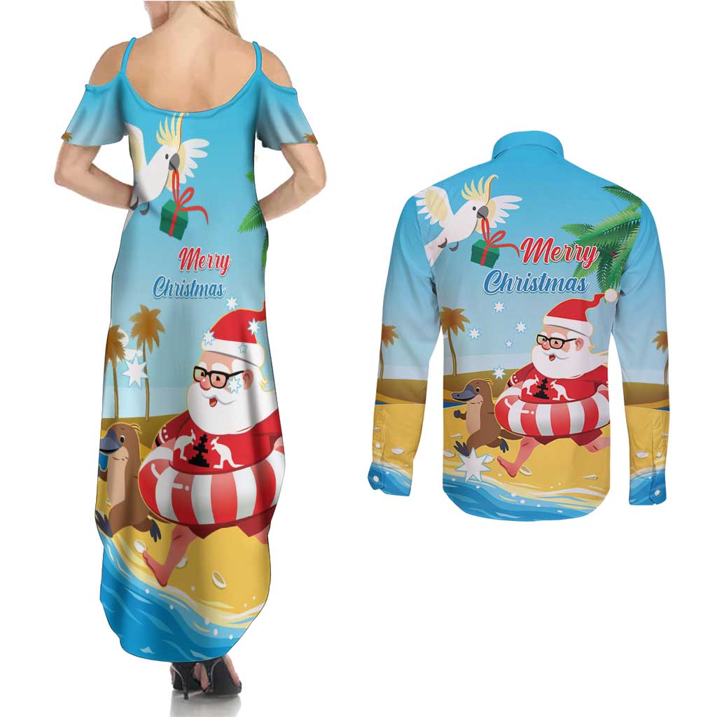 Australia Christmas In July Couples Matching Summer Maxi Dress and Long Sleeve Button Shirt Happy Santa Claus With Aussie Animals