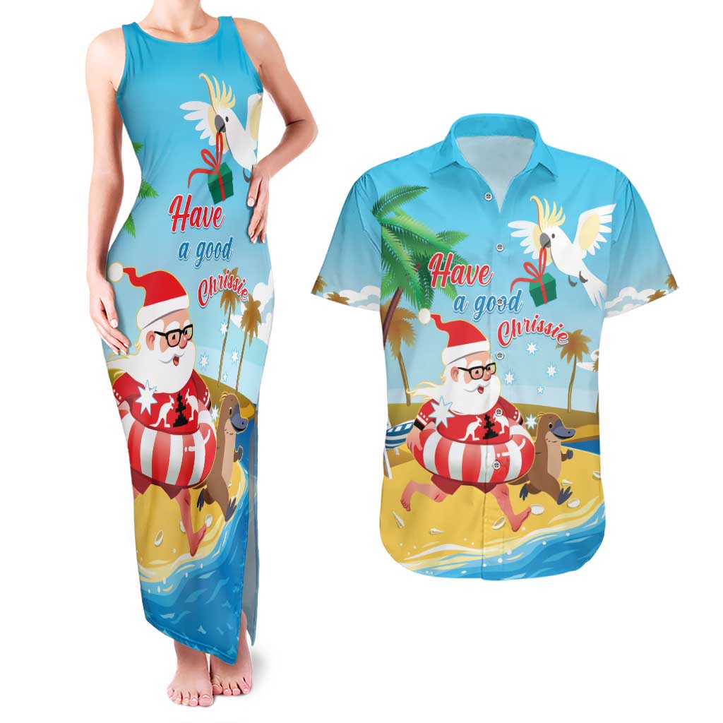 Australia Christmas In July Couples Matching Tank Maxi Dress and Hawaiian Shirt Happy Santa Claus With Aussie Animals