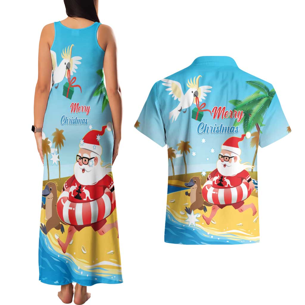 Australia Christmas In July Couples Matching Tank Maxi Dress and Hawaiian Shirt Happy Santa Claus With Aussie Animals