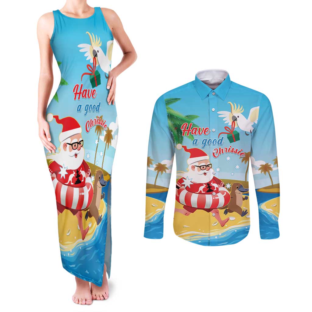 Australia Christmas In July Couples Matching Tank Maxi Dress and Long Sleeve Button Shirt Happy Santa Claus With Aussie Animals
