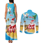 Australia Christmas In July Couples Matching Tank Maxi Dress and Long Sleeve Button Shirt Happy Santa Claus With Aussie Animals