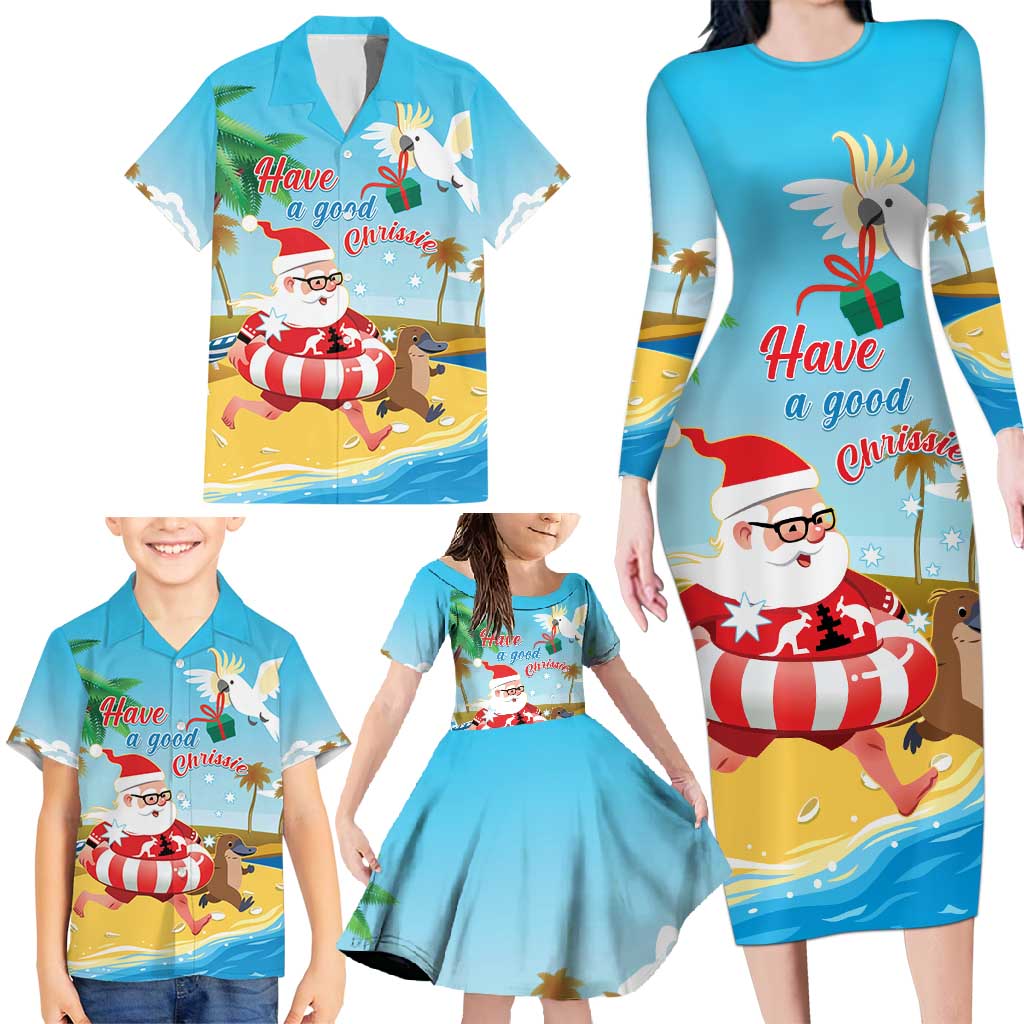 Australia Christmas In July Family Matching Long Sleeve Bodycon Dress and Hawaiian Shirt Happy Santa Claus With Aussie Animals