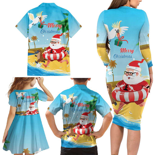 Australia Christmas In July Family Matching Long Sleeve Bodycon Dress and Hawaiian Shirt Happy Santa Claus With Aussie Animals