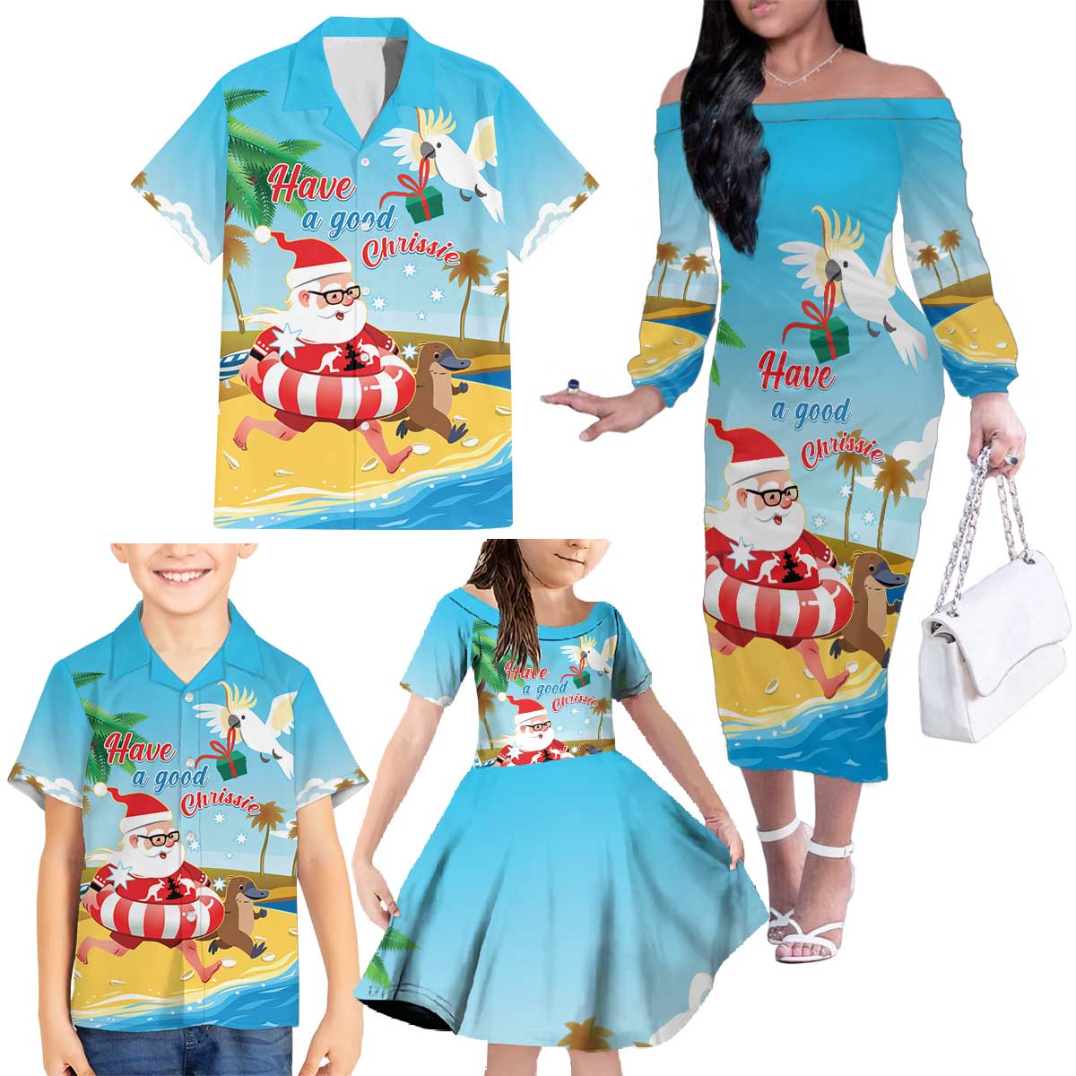 Australia Christmas In July Family Matching Off The Shoulder Long Sleeve Dress and Hawaiian Shirt Happy Santa Claus With Aussie Animals