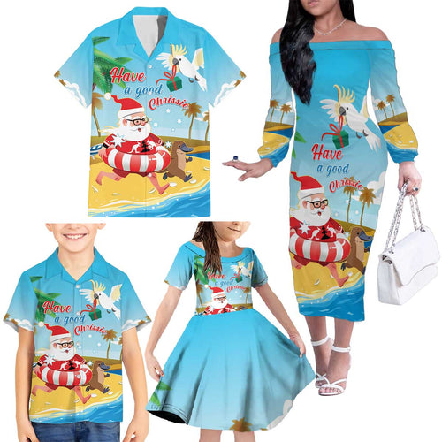 Australia Christmas In July Family Matching Off The Shoulder Long Sleeve Dress and Hawaiian Shirt Happy Santa Claus With Aussie Animals