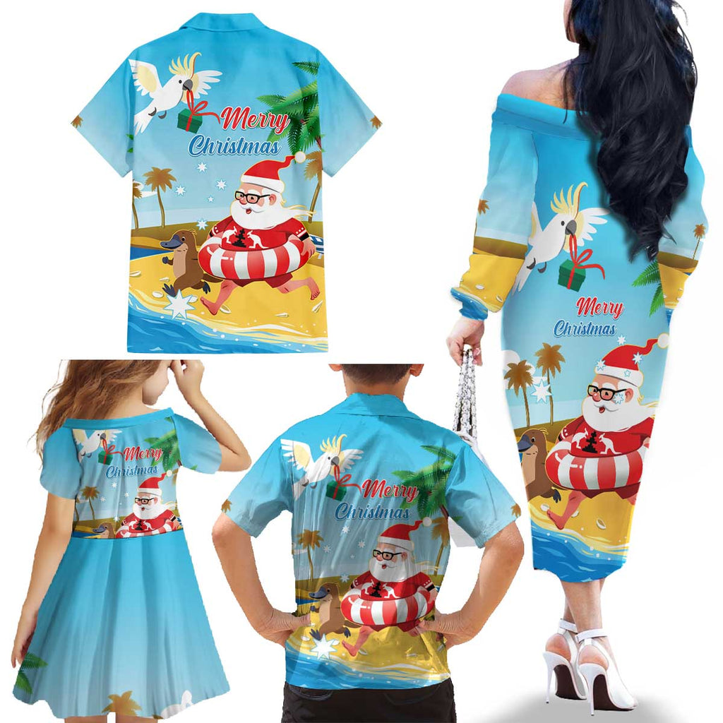 Australia Christmas In July Family Matching Off The Shoulder Long Sleeve Dress and Hawaiian Shirt Happy Santa Claus With Aussie Animals