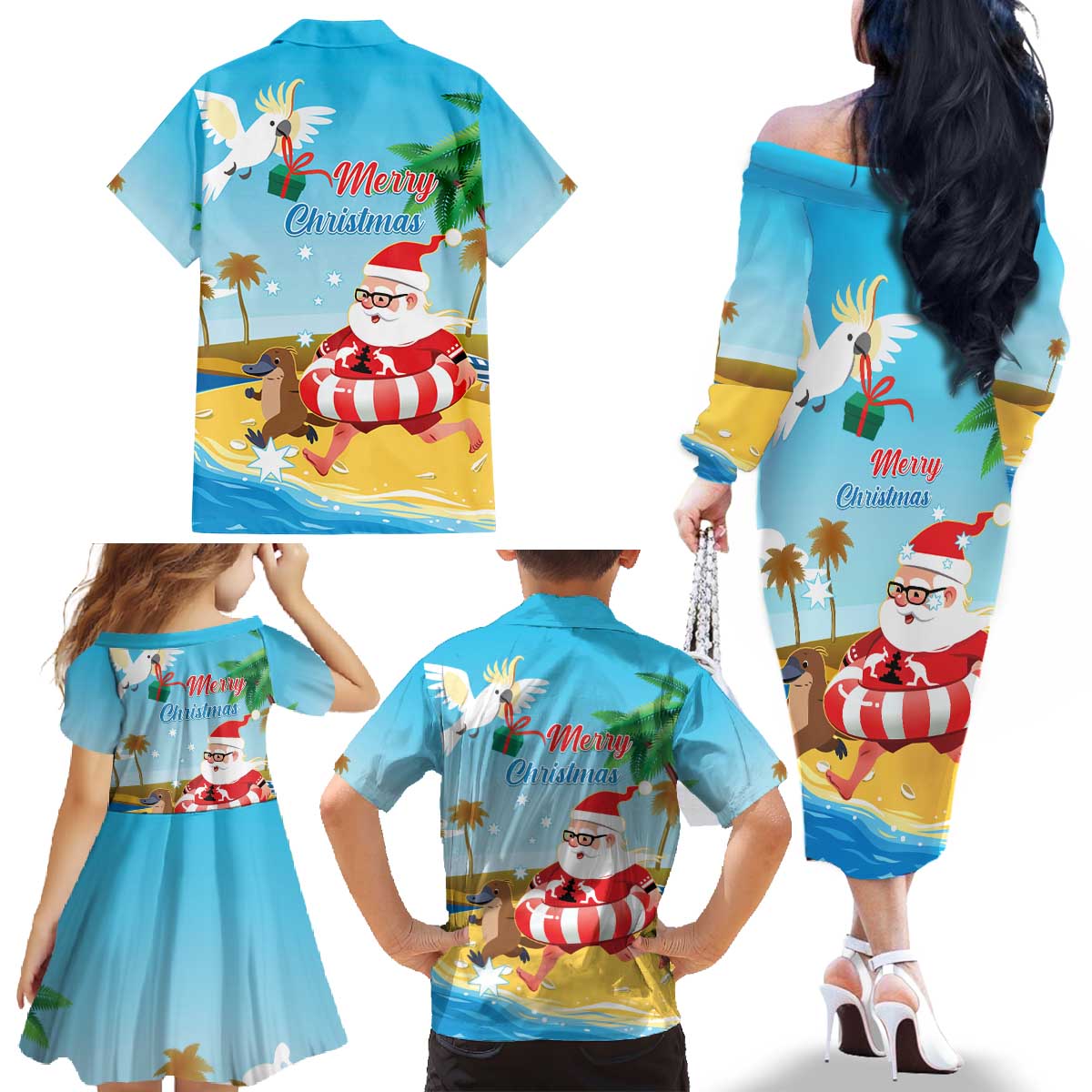 Australia Christmas In July Family Matching Off The Shoulder Long Sleeve Dress and Hawaiian Shirt Happy Santa Claus With Aussie Animals