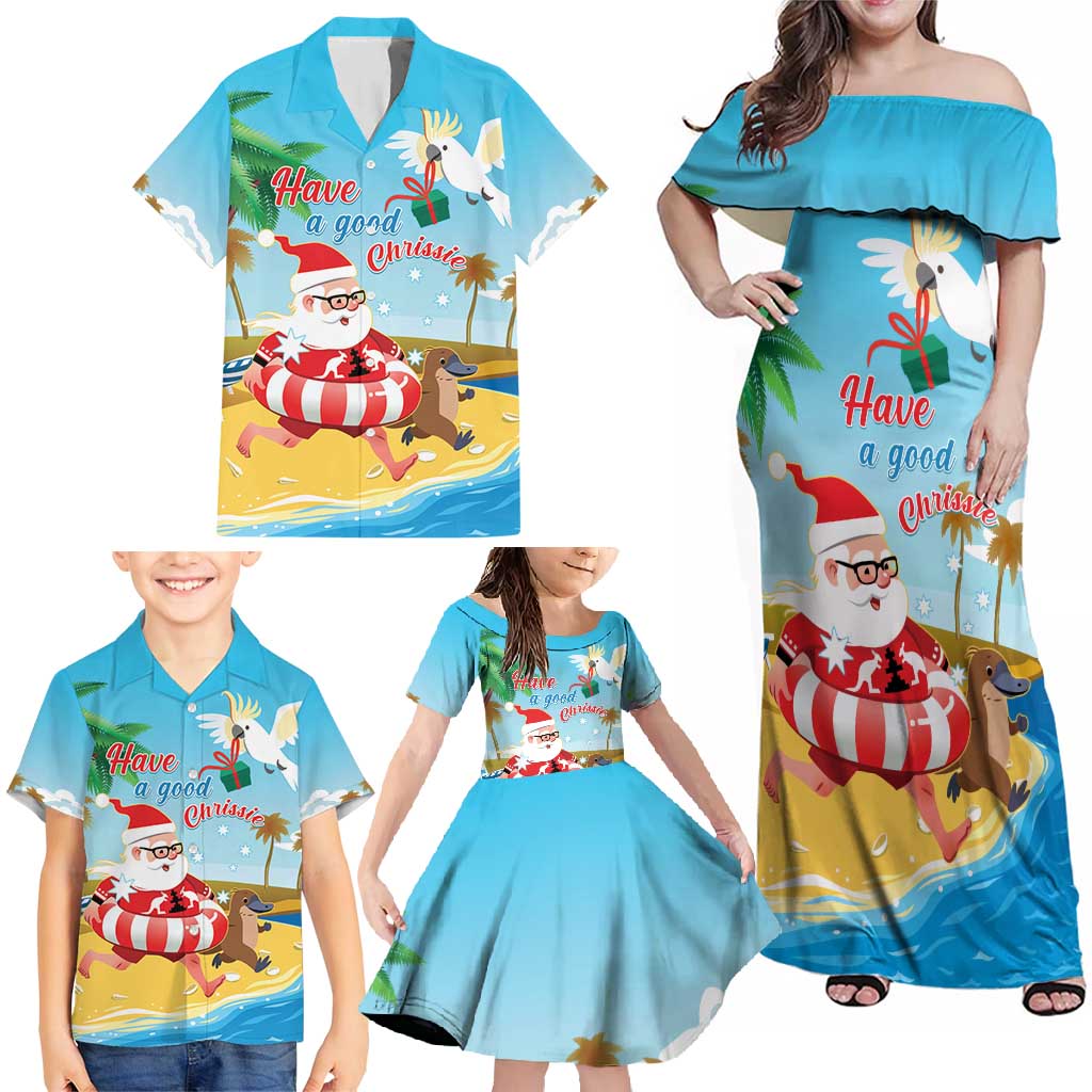 Australia Christmas In July Family Matching Off Shoulder Maxi Dress and Hawaiian Shirt Happy Santa Claus With Aussie Animals