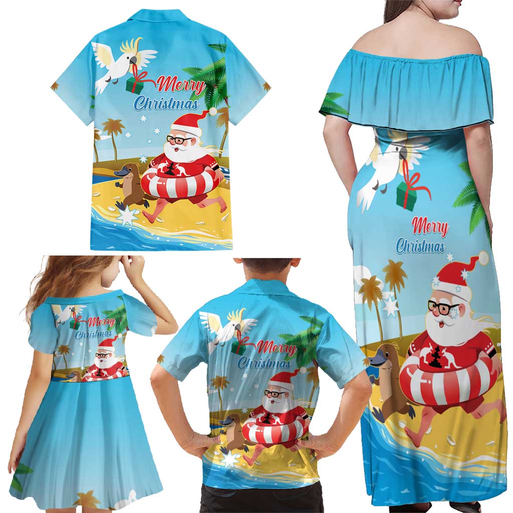 Australia Christmas In July Family Matching Off Shoulder Maxi Dress and Hawaiian Shirt Happy Santa Claus With Aussie Animals
