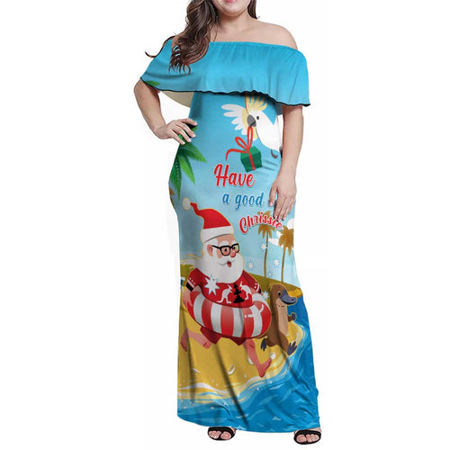 Australia Christmas In July Family Matching Off Shoulder Maxi Dress and Hawaiian Shirt Happy Santa Claus With Aussie Animals