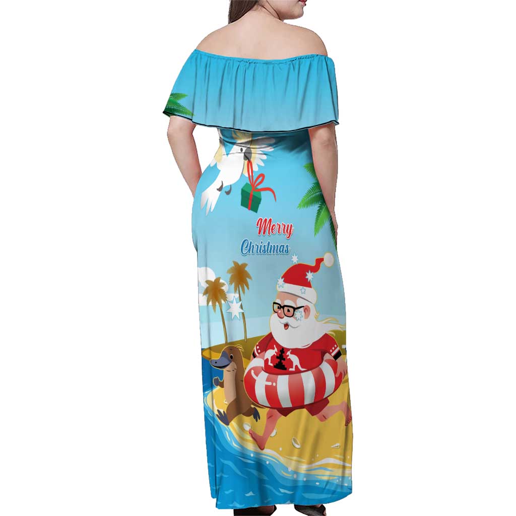 Australia Christmas In July Family Matching Off Shoulder Maxi Dress and Hawaiian Shirt Happy Santa Claus With Aussie Animals