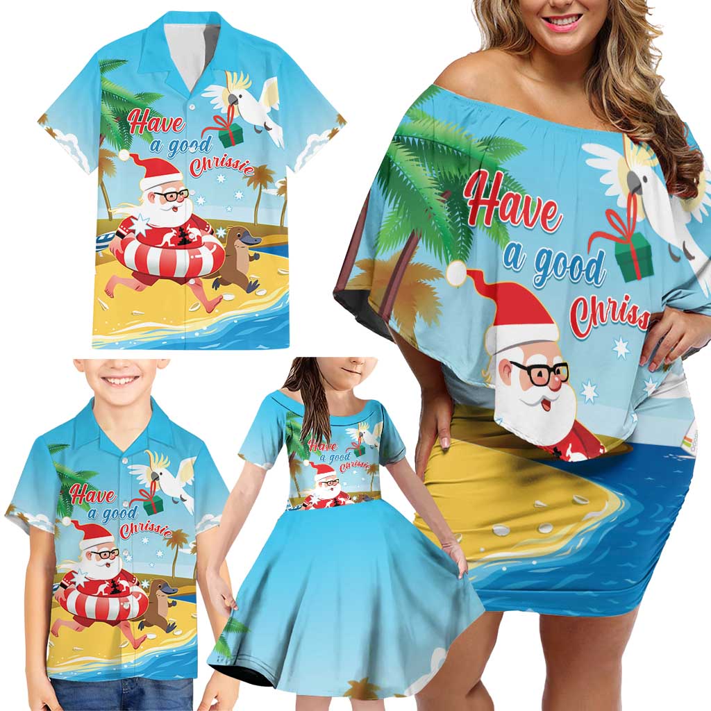 Australia Christmas In July Family Matching Off Shoulder Short Dress and Hawaiian Shirt Happy Santa Claus With Aussie Animals