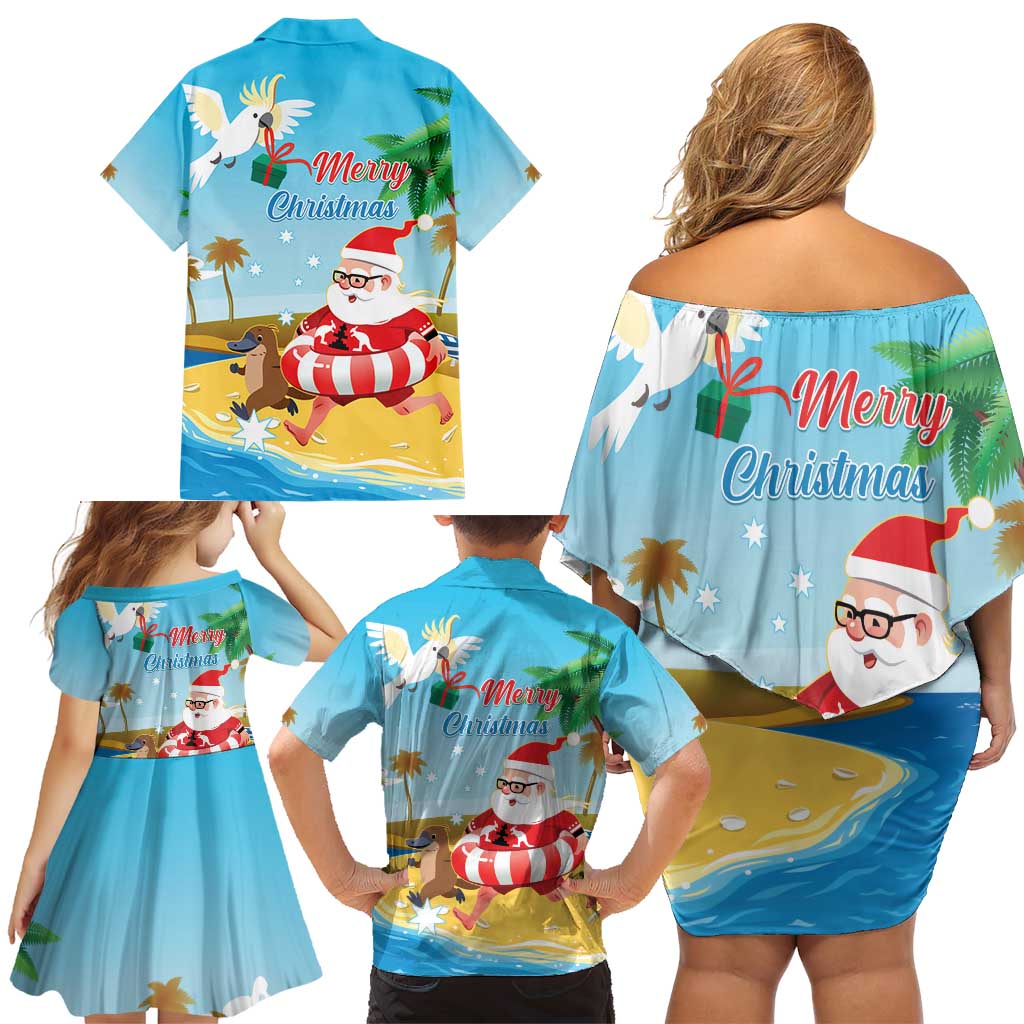 Australia Christmas In July Family Matching Off Shoulder Short Dress and Hawaiian Shirt Happy Santa Claus With Aussie Animals