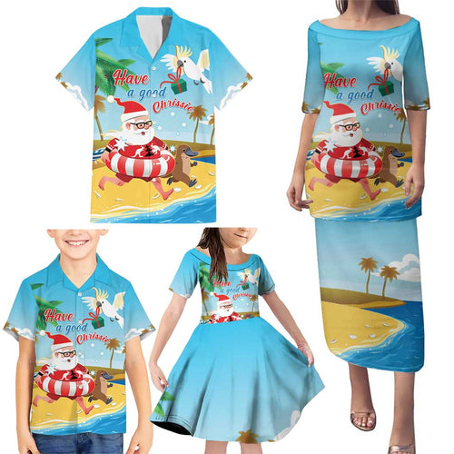 Australia Christmas In July Family Matching Puletasi and Hawaiian Shirt Happy Santa Claus With Aussie Animals