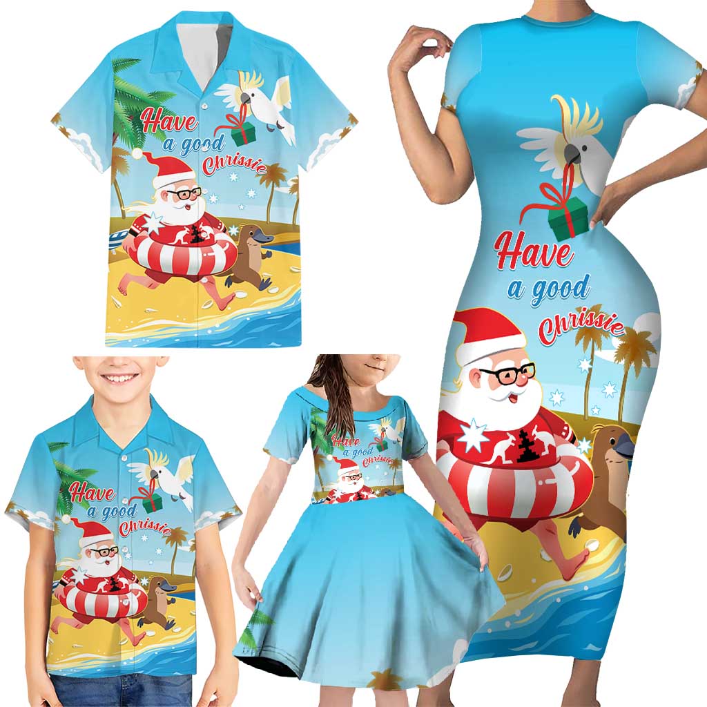 Australia Christmas In July Family Matching Short Sleeve Bodycon Dress and Hawaiian Shirt Happy Santa Claus With Aussie Animals