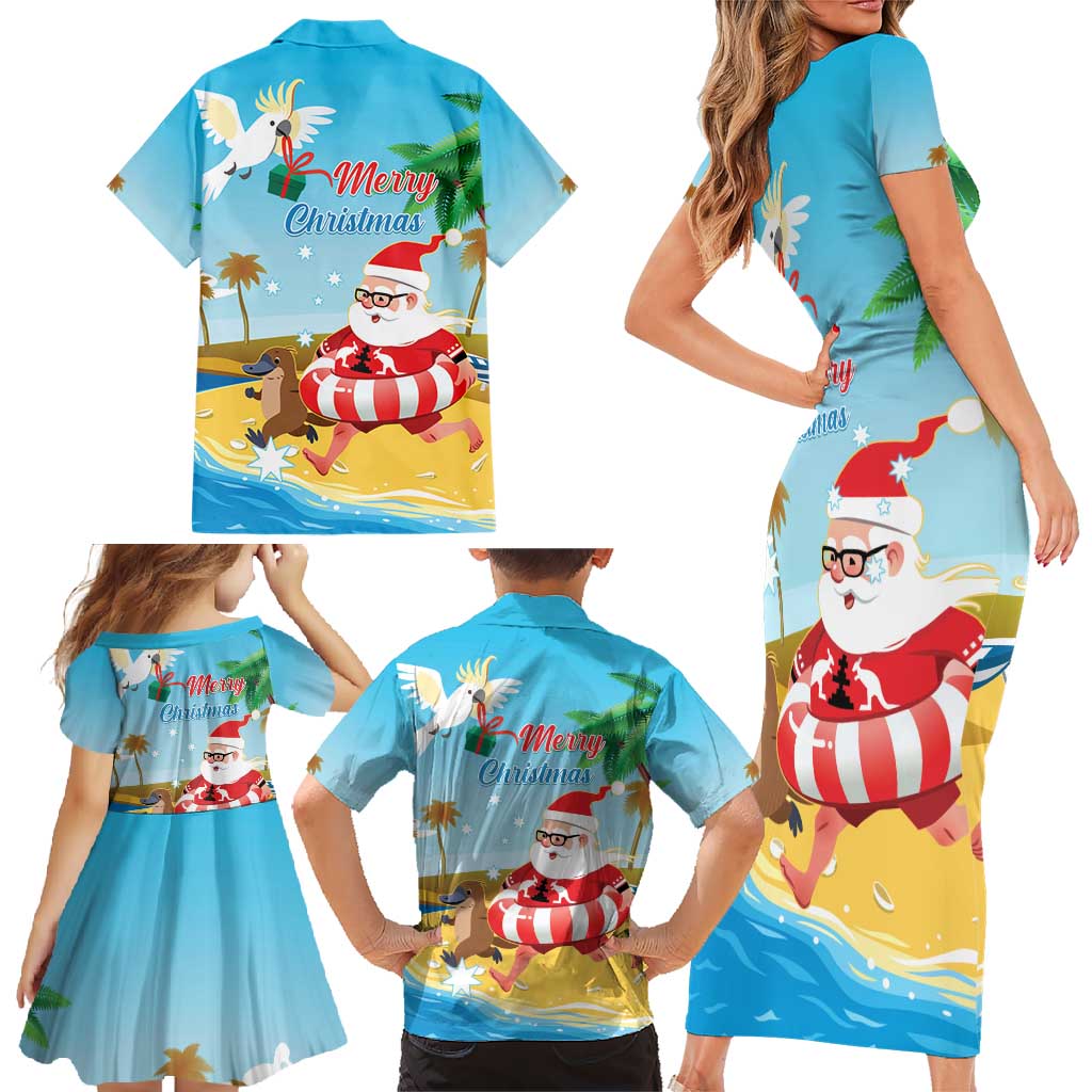 Australia Christmas In July Family Matching Short Sleeve Bodycon Dress and Hawaiian Shirt Happy Santa Claus With Aussie Animals