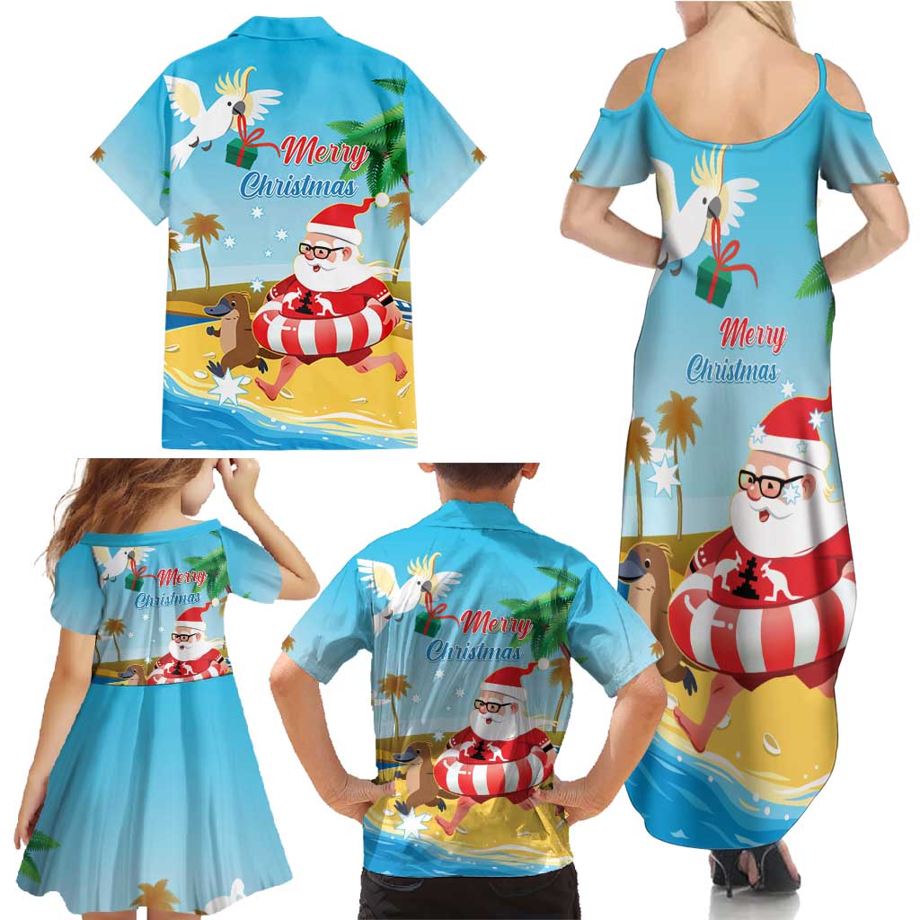 Australia Christmas In July Family Matching Summer Maxi Dress and Hawaiian Shirt Happy Santa Claus With Aussie Animals