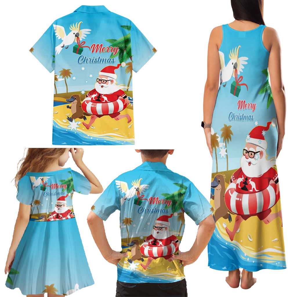 Australia Christmas In July Family Matching Tank Maxi Dress and Hawaiian Shirt Happy Santa Claus With Aussie Animals
