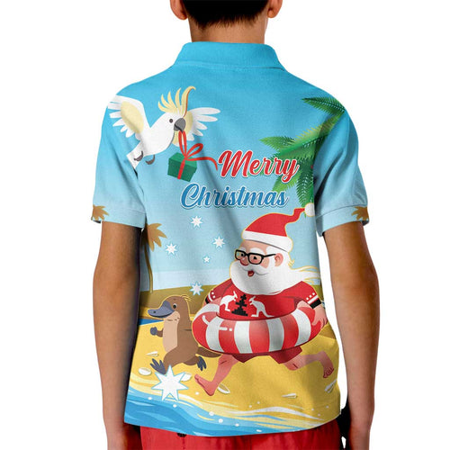 Australia Christmas In July Kid Polo Shirt Happy Santa Claus With Aussie Animals