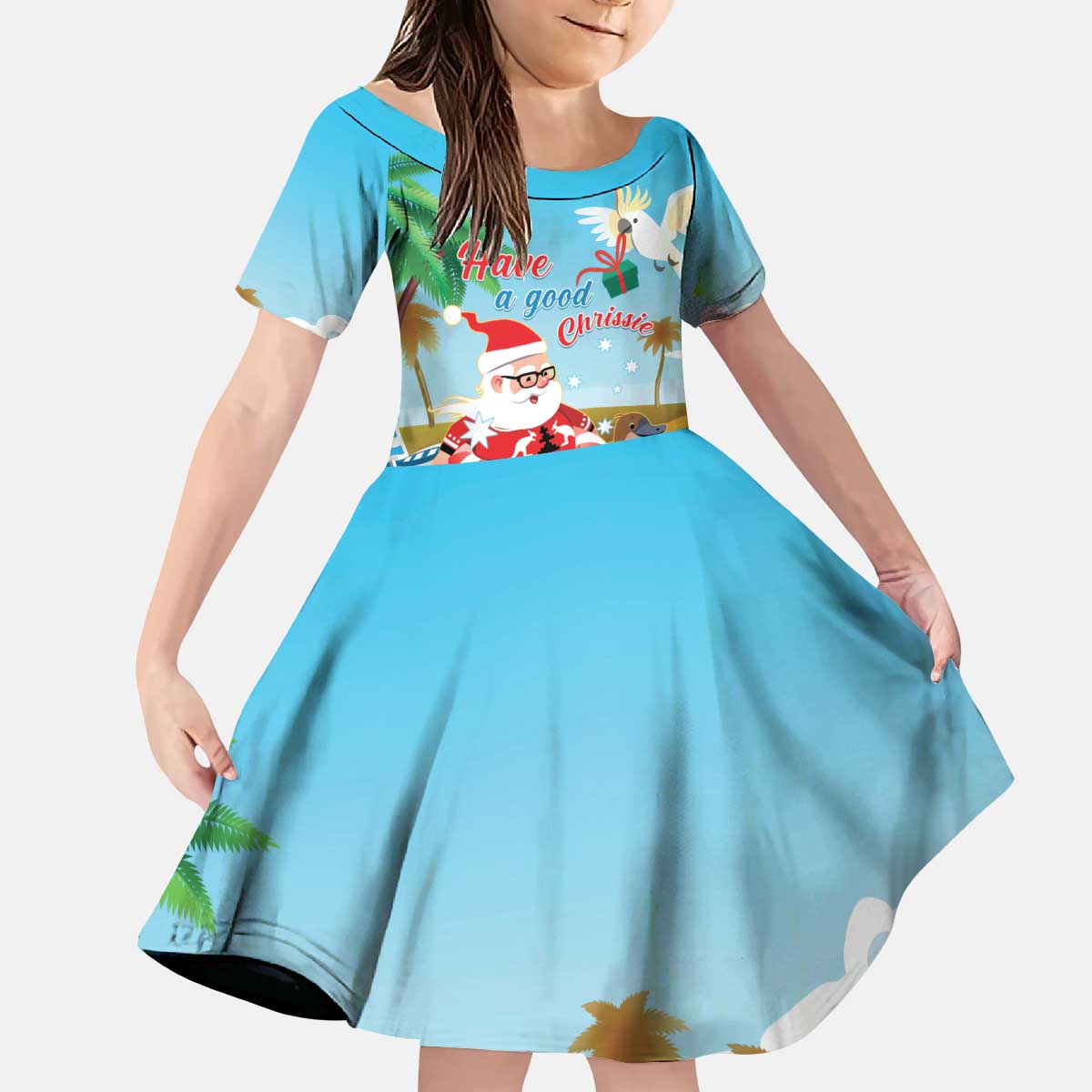 Australia Christmas In July Kid Short Sleeve Dress Happy Santa Claus With Aussie Animals