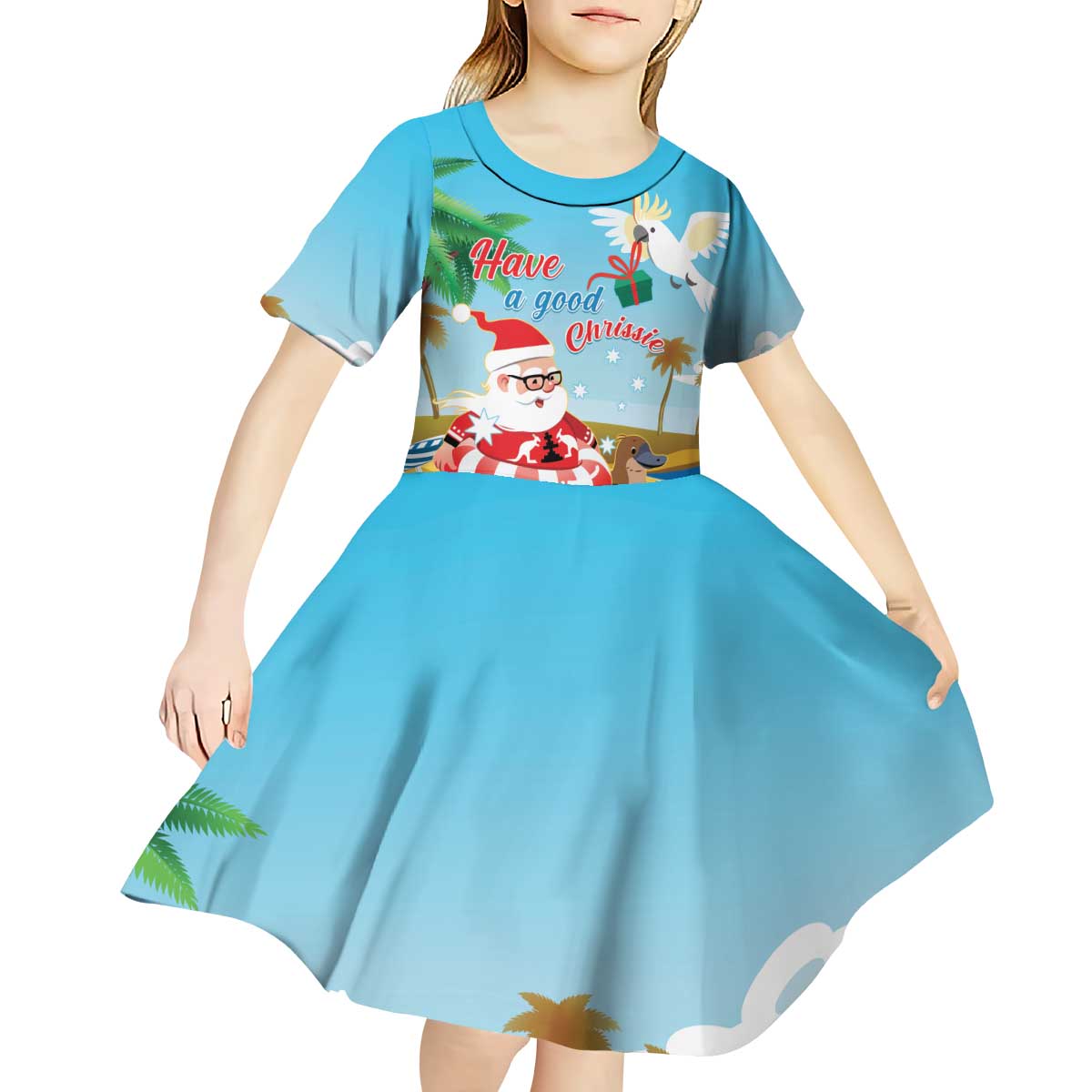 Australia Christmas In July Kid Short Sleeve Dress Happy Santa Claus With Aussie Animals