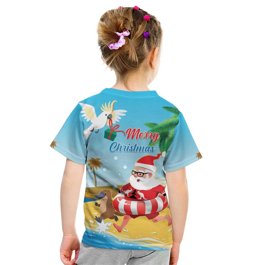 Australia Christmas In July Kid T Shirt Happy Santa Claus With Aussie Animals